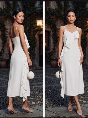 Elegant White Ruffle Midi Dress with Spaghetti Straps. Size L. NWT.